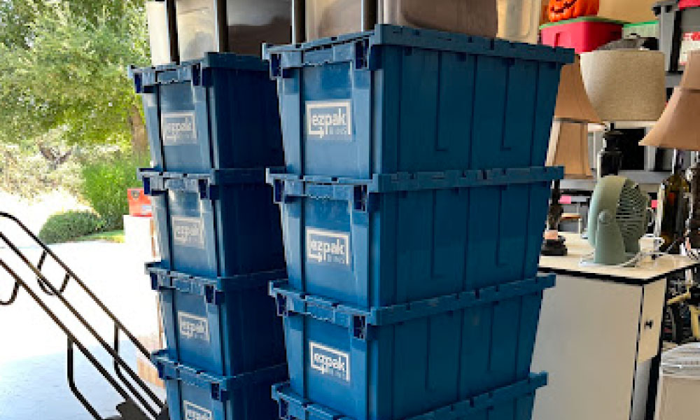 A picture of ten EZPak Bins stacked securely