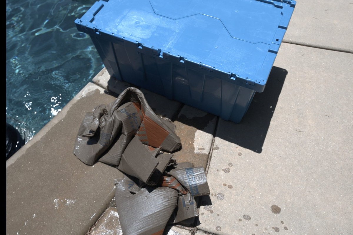 A dry blue EZPak moving bin on a pool deck beside a pile of soggy, falling-apart wet cardboard boxes